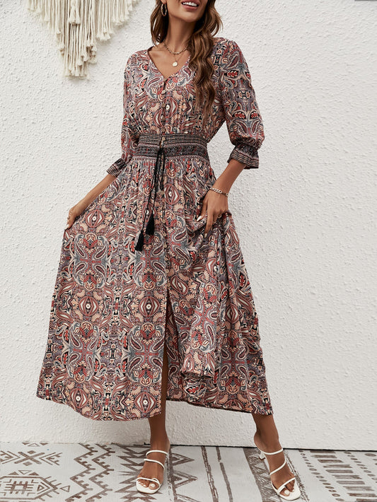 Boho Print Button Front Waist Tie Beach Dress