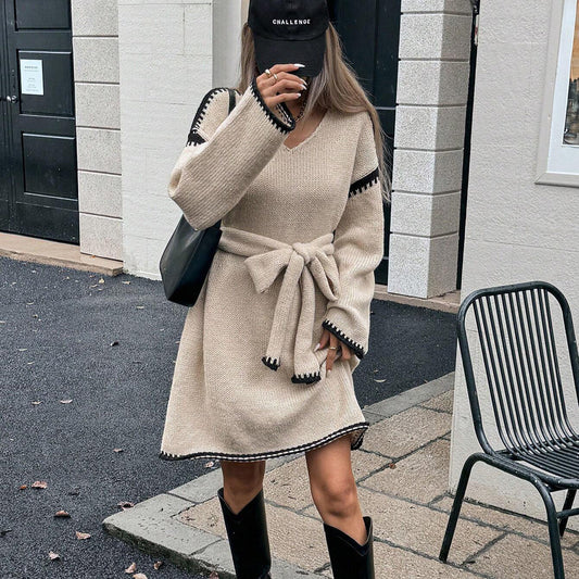 Relaxed V-Neck Knit Dress with Tie Waist