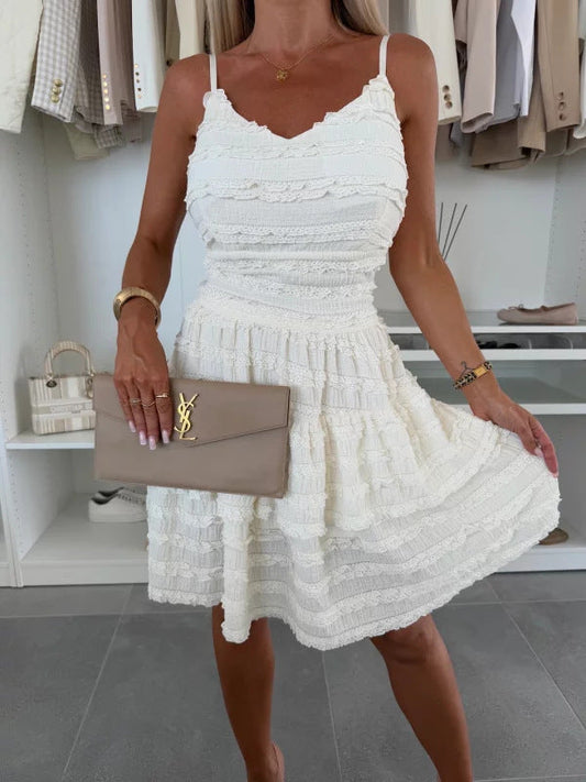 Solid Ruffle Lace Spaghetti Strap Dress