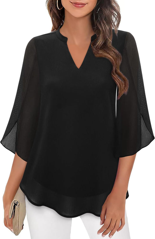 Petal Sleeve V-Neck Chiffon Blouse