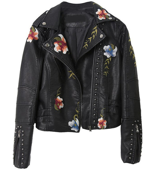 Embroidered Studded PU Leather Cropped Jacket