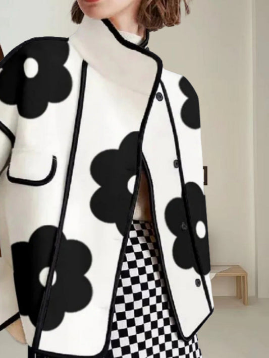 Colorblock Floral Print Stand Collar Slit Jacket