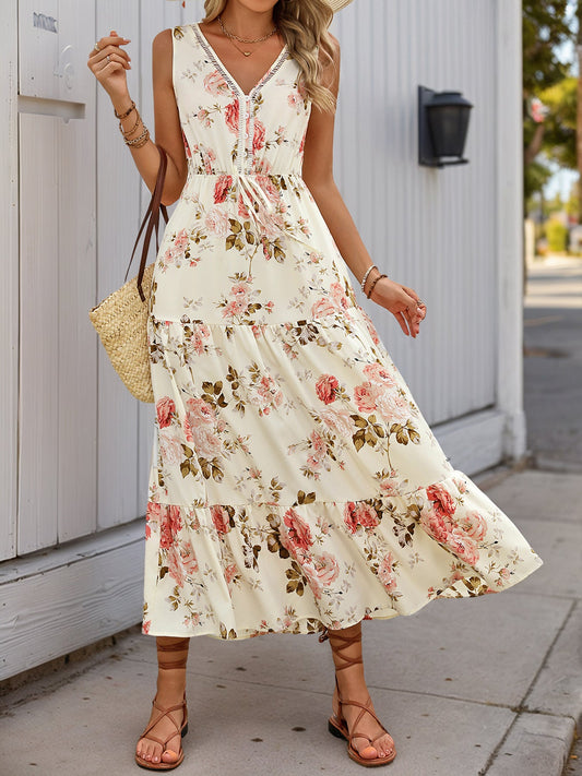 Women Floral Print Lace Patchwork Dress