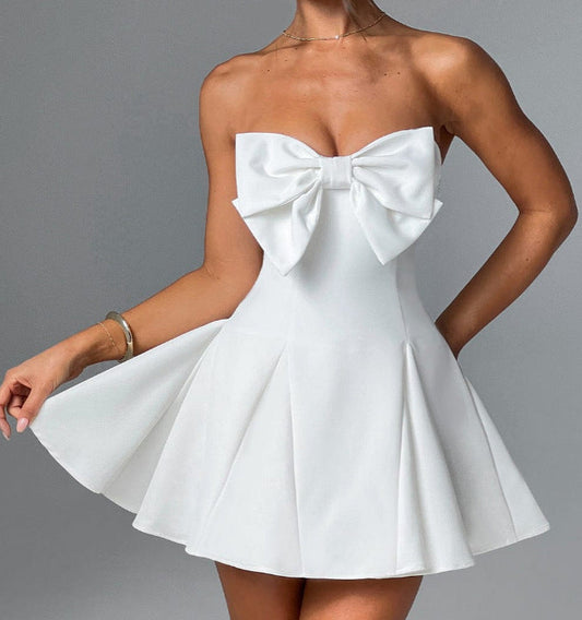 Women's Strapless Bow Solid Mini Dress