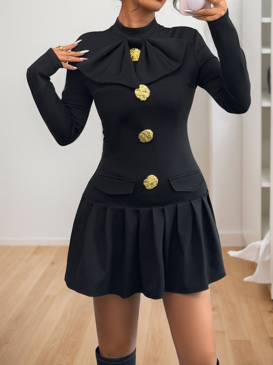 Bow Button High Neck Long Sleeve Dress