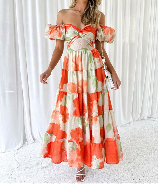 Women Printed Puff Sleeve Maxi Dress