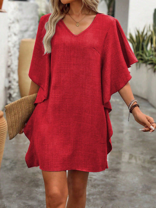 Women Solid Color Ruffle Loose V Neck Dress