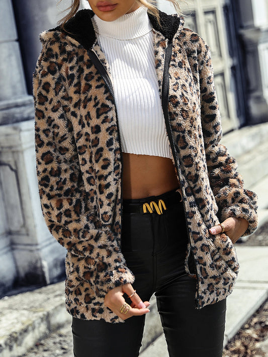 Hooded Leopard Print Fleece Mid-Length Jacket