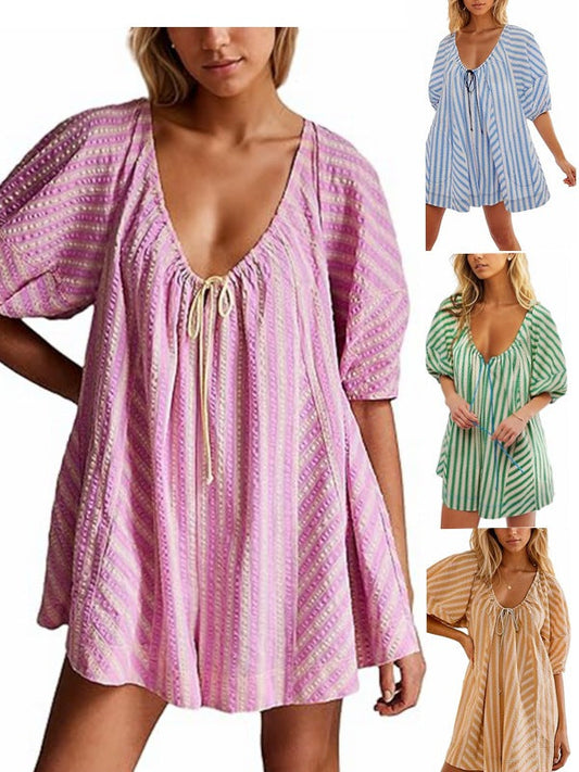 Striped Short Sleeve Deep V Wide Leg Jumpsuit