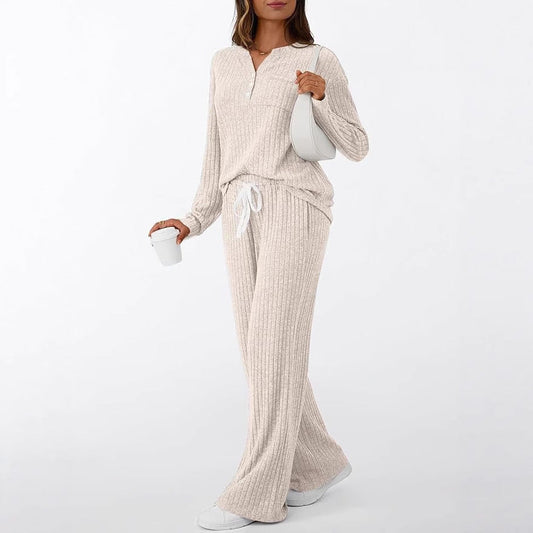 Relaxed Ribbed Brushed Knit Long Sleeve Pants Set