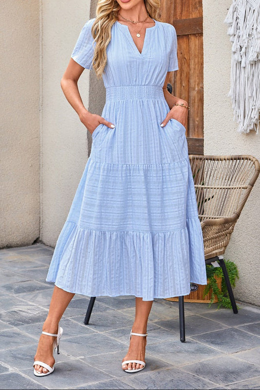 Women V Neck Ruched Puff Sleeve Swing Dress