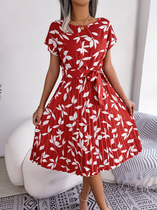 Leaf Print Pleated Maxi Dress Casual Summer Women