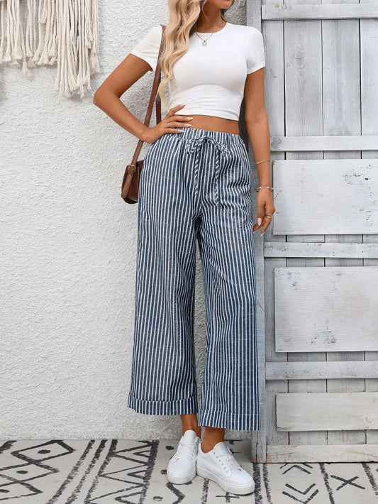Women Striped High Waist Cropped Pants