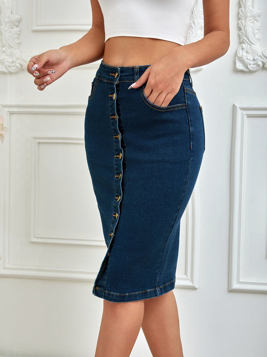 Button Front Stretch Denim Pencil Skirt