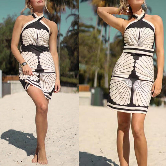Halter Tie Shell Placement Print Maxi Dress