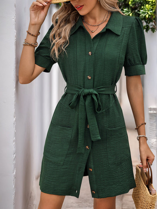 Women's Textured Short Sleeve Shirt Dress with Collar