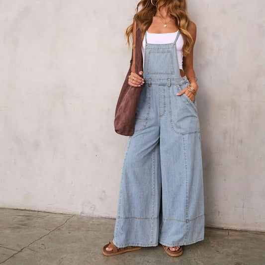 Wide Leg Denim Overall Jumpsuit with Pockets