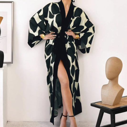 Printed Satin Long Sleeve Tie-Waist Robe