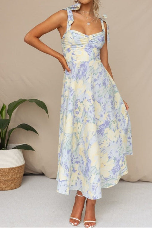 Women V Neck Printed Slim Fit Midi Dress
