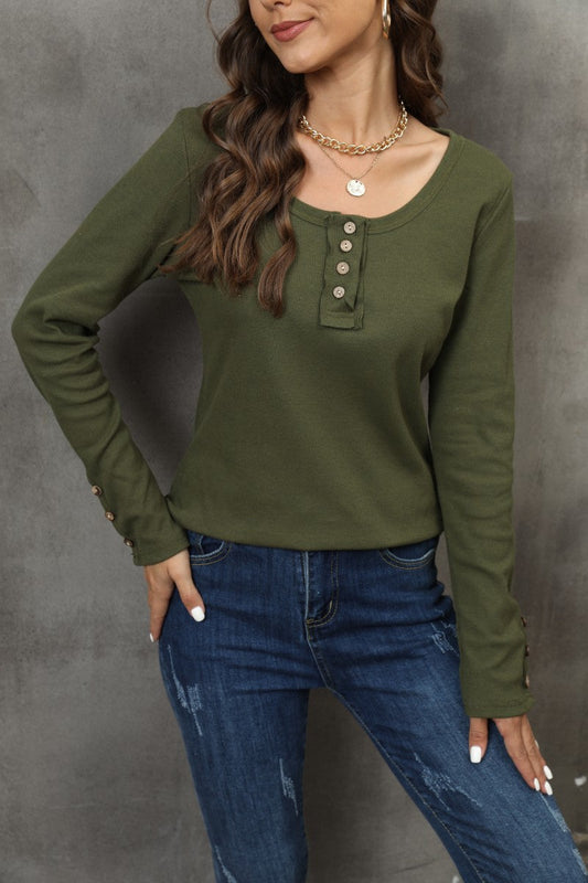 Button Detail V Neck Long Sleeve Top