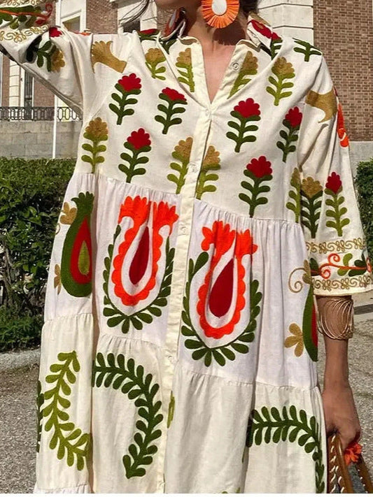 V Neck Printed Long Sleeve Street Style Dress