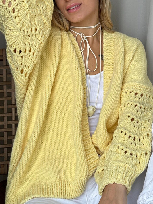 Solid V-Neck Lantern Sleeve Knit Cardigan