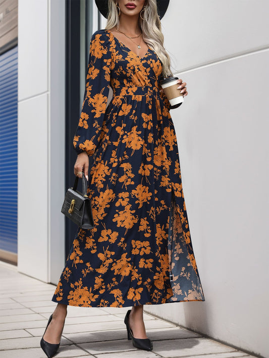 Long Sleeve V Neck Printed Maxi Dress