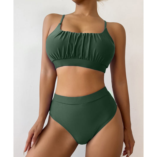 Solid Color High Waist Two Piece Bikini Set