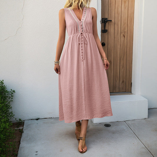 Women's V-Neck Pleated Sleeveless Pocket Dress