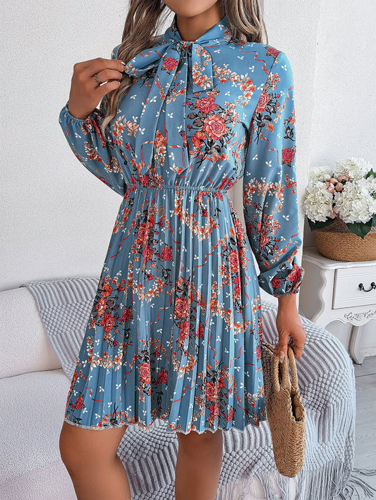 Floral Tie Waist Pleated Long Sleeve Dress
