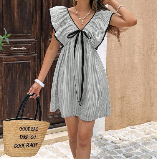 V Neck Ruffle Flutter Sleeve Dress