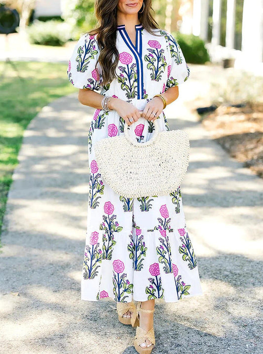 Floral V Neck Dress Women Casual Summer Dress