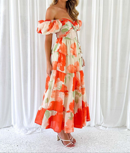 Women Printed Puff Sleeve Maxi Dress