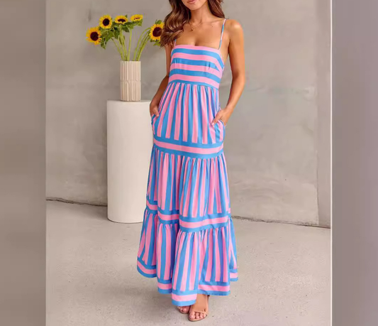 Striped Burnout Bustier Maxi Dress with Adjustable Straps