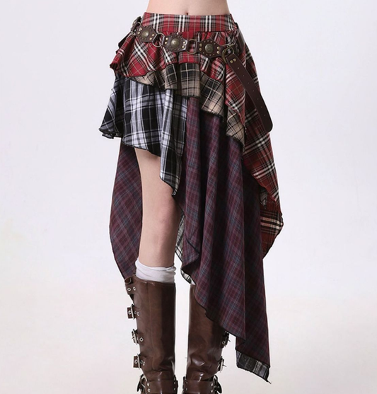 Irregular Plaid High Waist Pleated Skirt