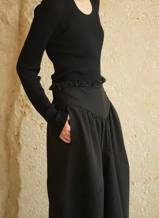 Textured Black Fringe Cocoon Silhouette Irregular Skirt