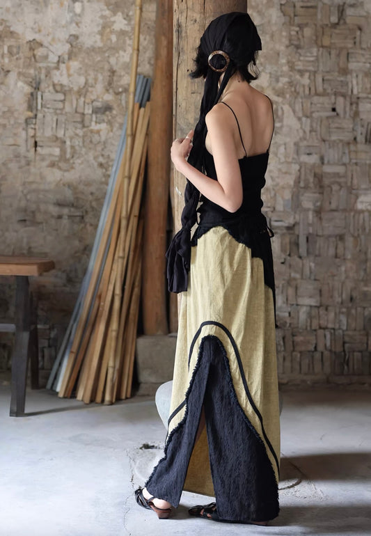 Patchwork Straight-Cut Elastic-Waist Black Dress Skirt