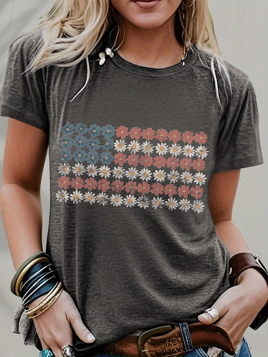 Women's Short Sleeve T-shirt Summer Gray America Flag Printing Jersey Crew Neck Daily Going Out Casual Top
