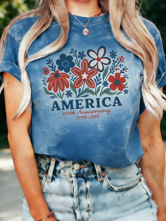 250th anniversary Independence Day  Vintage Floral Printed  Casual T-Shirt