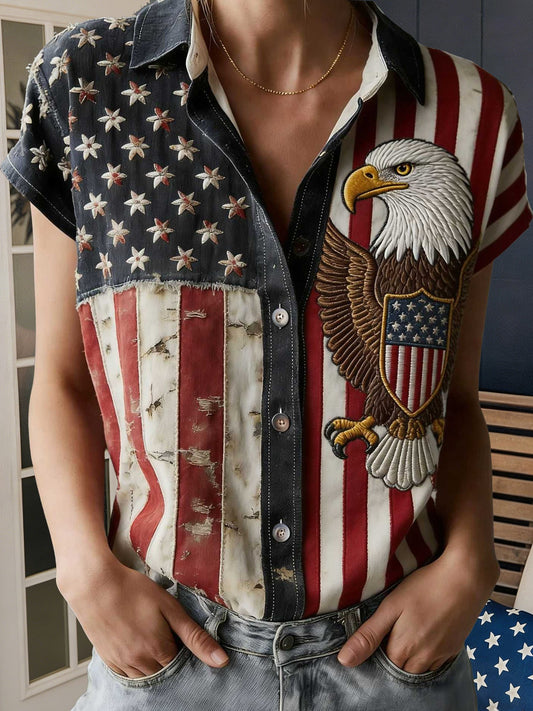 3D Printing America Flag Shirt Collar Short Sleeve Eagle Old Glory Vintage Casual Shirt