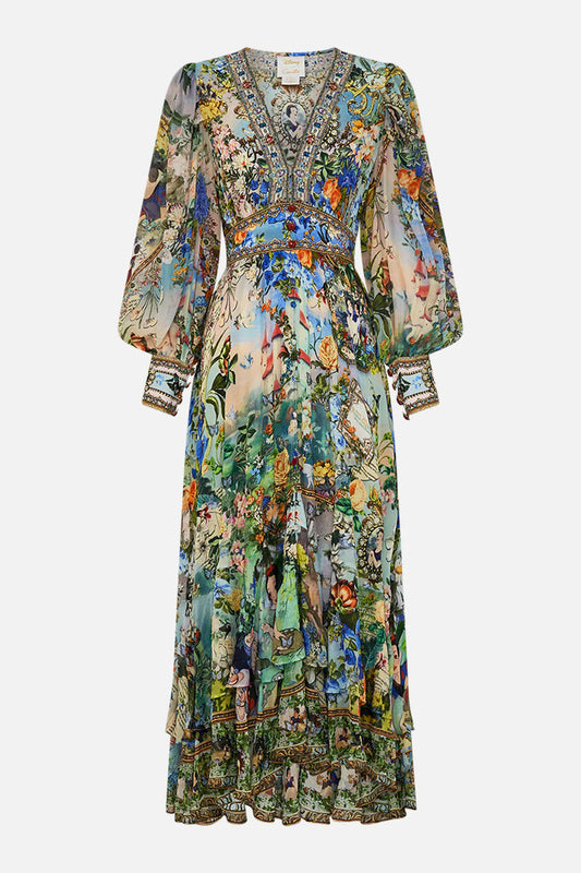 Printed V-Neck Puff Sleeve Belted Dress | Elegant Casual Midi Dress