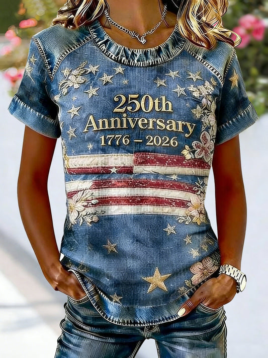 Waffle Color Block Crew Neck Short Sleeve Amercia Flag Roes Denim Look/Denim Effect Casual T-Shirt