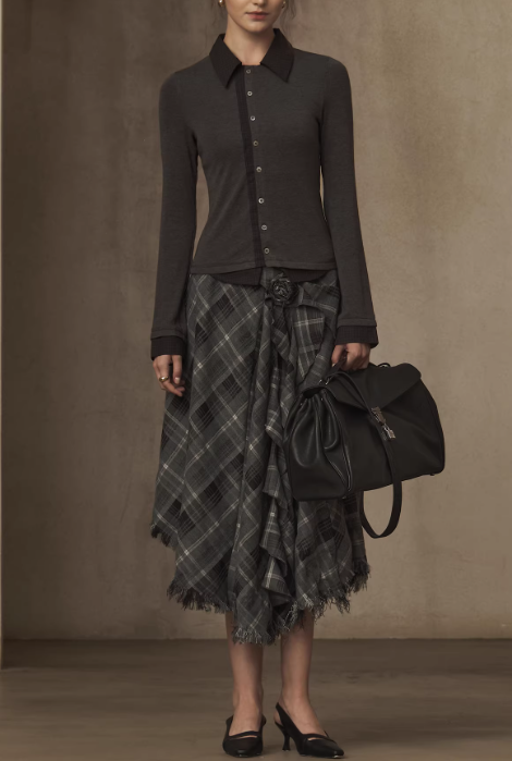 Moonstone Grey Madras Plaid Irregular Fringe Skirt with Rose Brooch