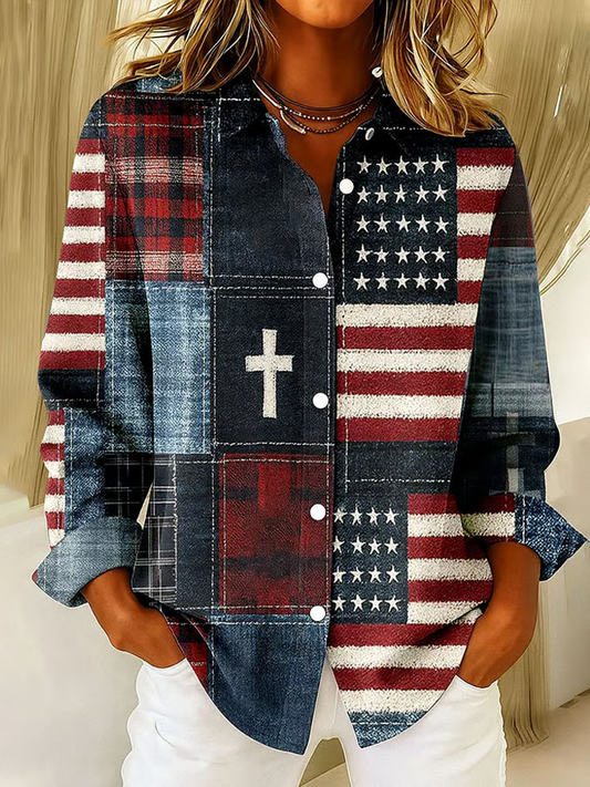 Women's Long Sleeve Shirt Spring/Fall As Picture America Flag Buckle Shirt Collar Regular Sleeve Daily Going Out Casual Top