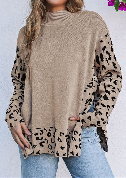 Khaki Leopard High Neck Side Slit Oversized Sweater