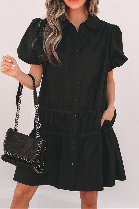 Black Shirt Style Button Down Puff Sleeve Ruffle Hem Dress