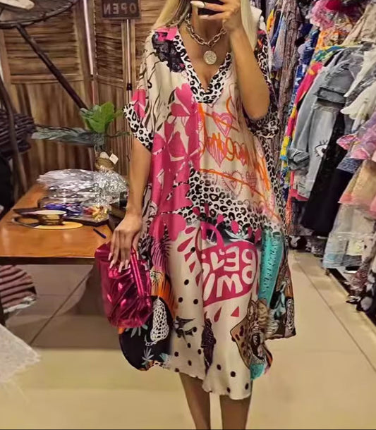 Colorful Leopard Print Deep V-Neck Dress | Resort Vacation Wear
