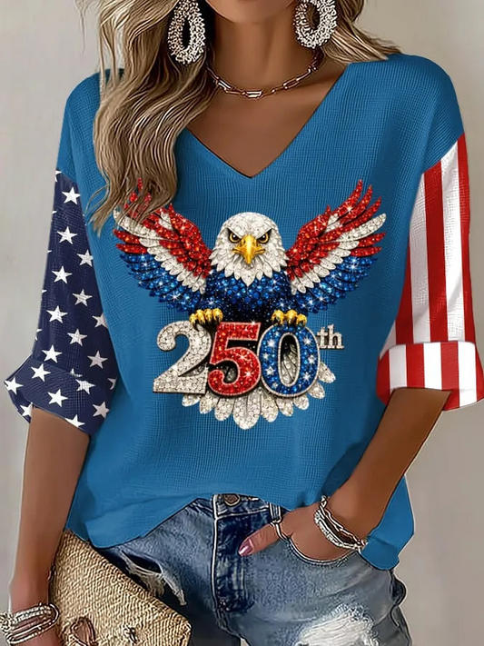 Women's Color Block Eagle Old Glory America Flag Print Casual T-Shirt