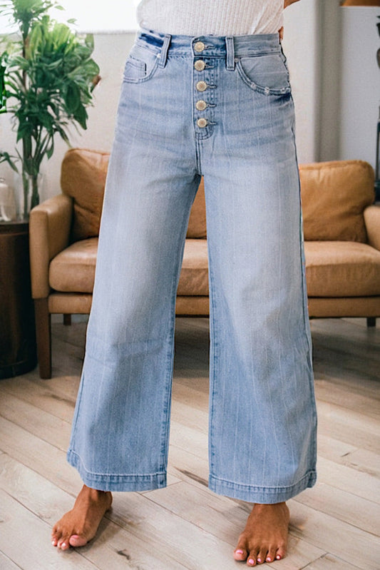 Beau Blue Multi Buttons Pinstripe Wide Leg Jeans