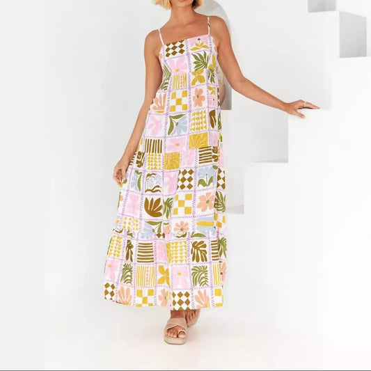 Printed Back Cut-Out Strappy Dress | Fresh Summer Vacation Boutique Dress